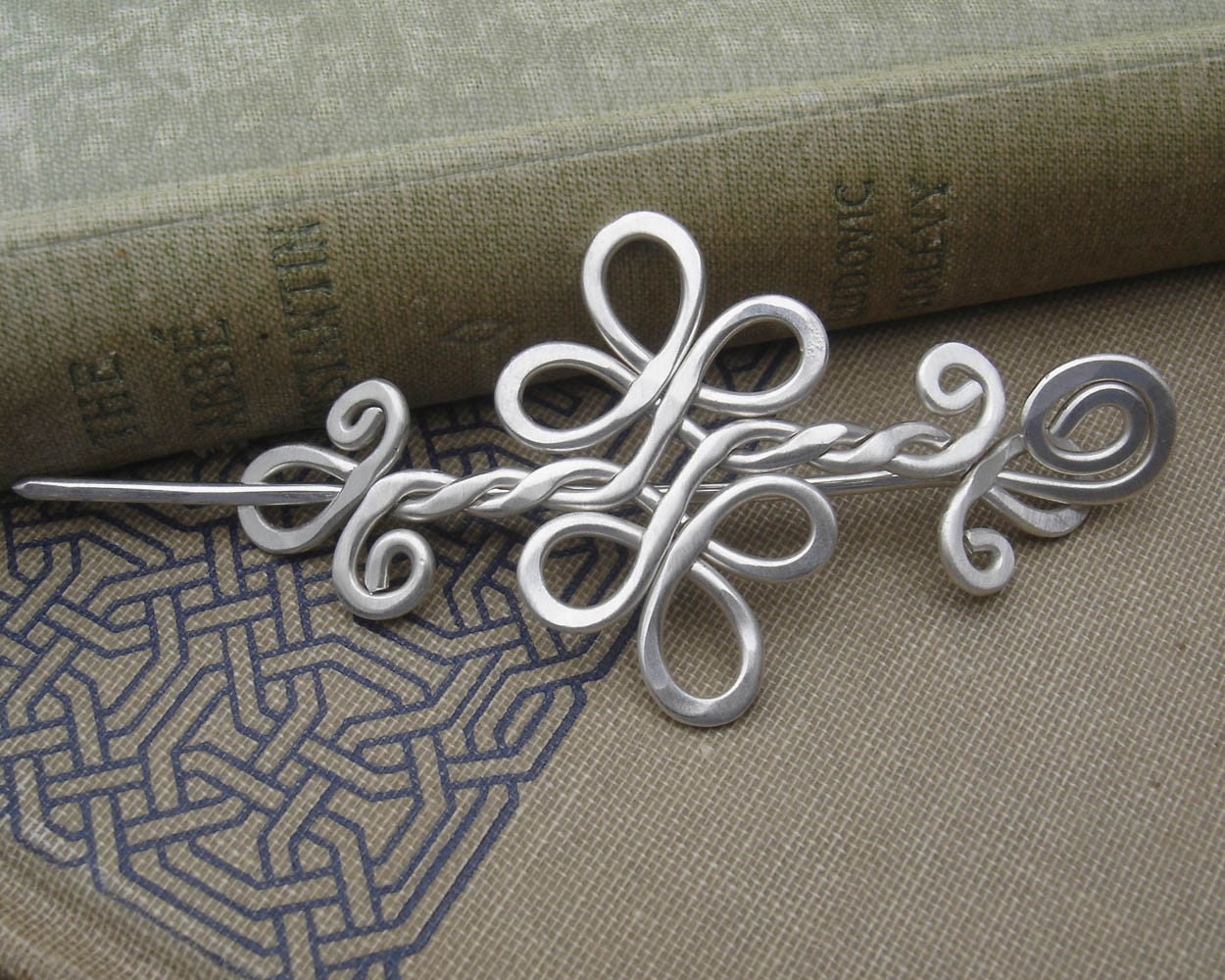 Celtic Sterling Silver Shawl Pin, Scarf Pin, Hair Pin, Sweater Brooch - Double Swirls and Curls - Celtic Accessory
