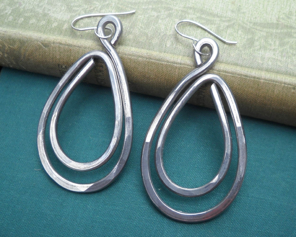 Big Long Double Teardrop Earrings - Light Weight Aluminum - Hammered Metal Wire - Very Big Earrings
