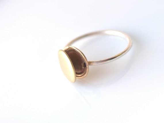 Small Locket Ring, Round Sterling Silver and Brass Keepsake, Poison Ring