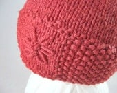 Knit Wool Hat with Pompom and Embroidered Daisy in Pink