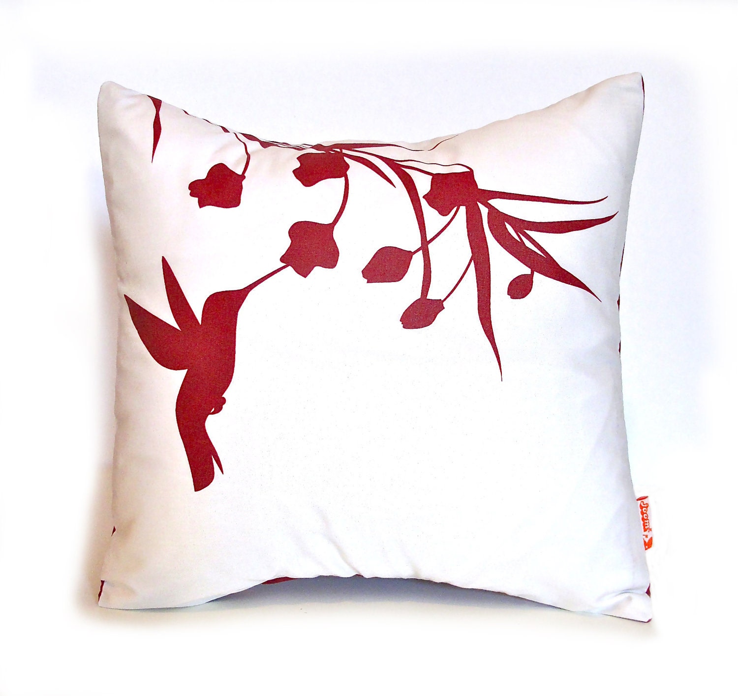 Red Print on White Cotton Hummingbird with Eucalyptus - Mini 10.5 Inches Square Pillow