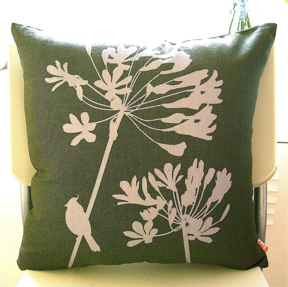 SALE Dark Olive Green Cardinal on Agapanthus 16 Inches Square Linen Pillow