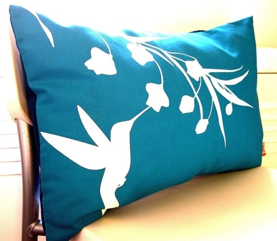 SALE-Teal Hummingbird with Eucalyptus Rectangle Pillow