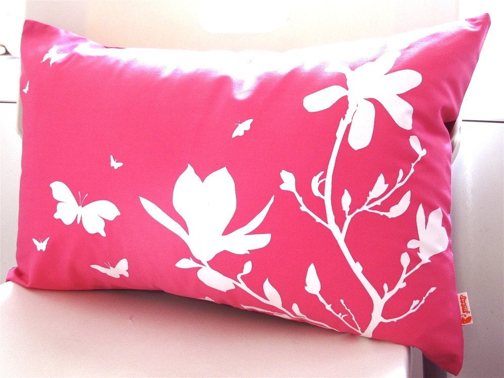Hot Pink Magnolia and Butterfies Rectangle Pillow