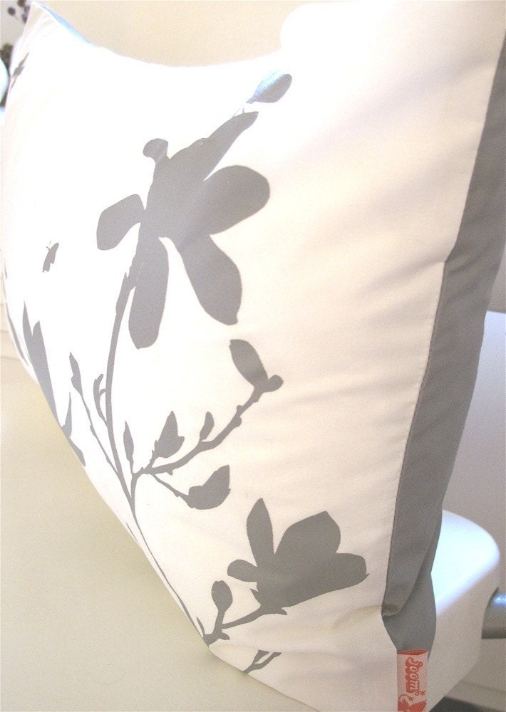 Limited Time Sale Grey Print on Off White Cotton Magnolia and Butterflies Rectangle Pillow