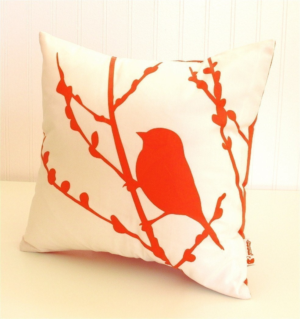 Orange Print on White Cotton Bird on Cherry Blossom - Mini 10.5 Inches Square Pillow