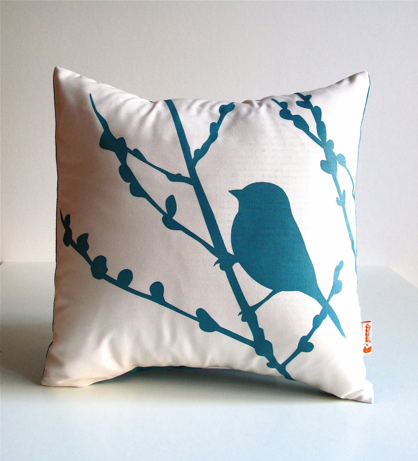 Teal Print on White Cotton Bird on Cherry Blossom - Mini 10.5 Inches Square Pillow