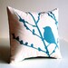 Teal Print on White Cotton Bird on Cherry Blossom - Mini 10.5 Inches Square Pillow