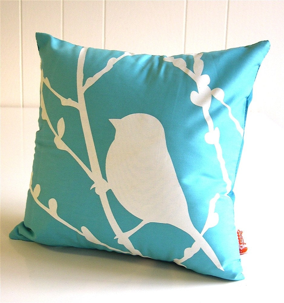 Aqua Blue Bird on Cherry Blossom - Mini 10.5 Inches Square Pillow
