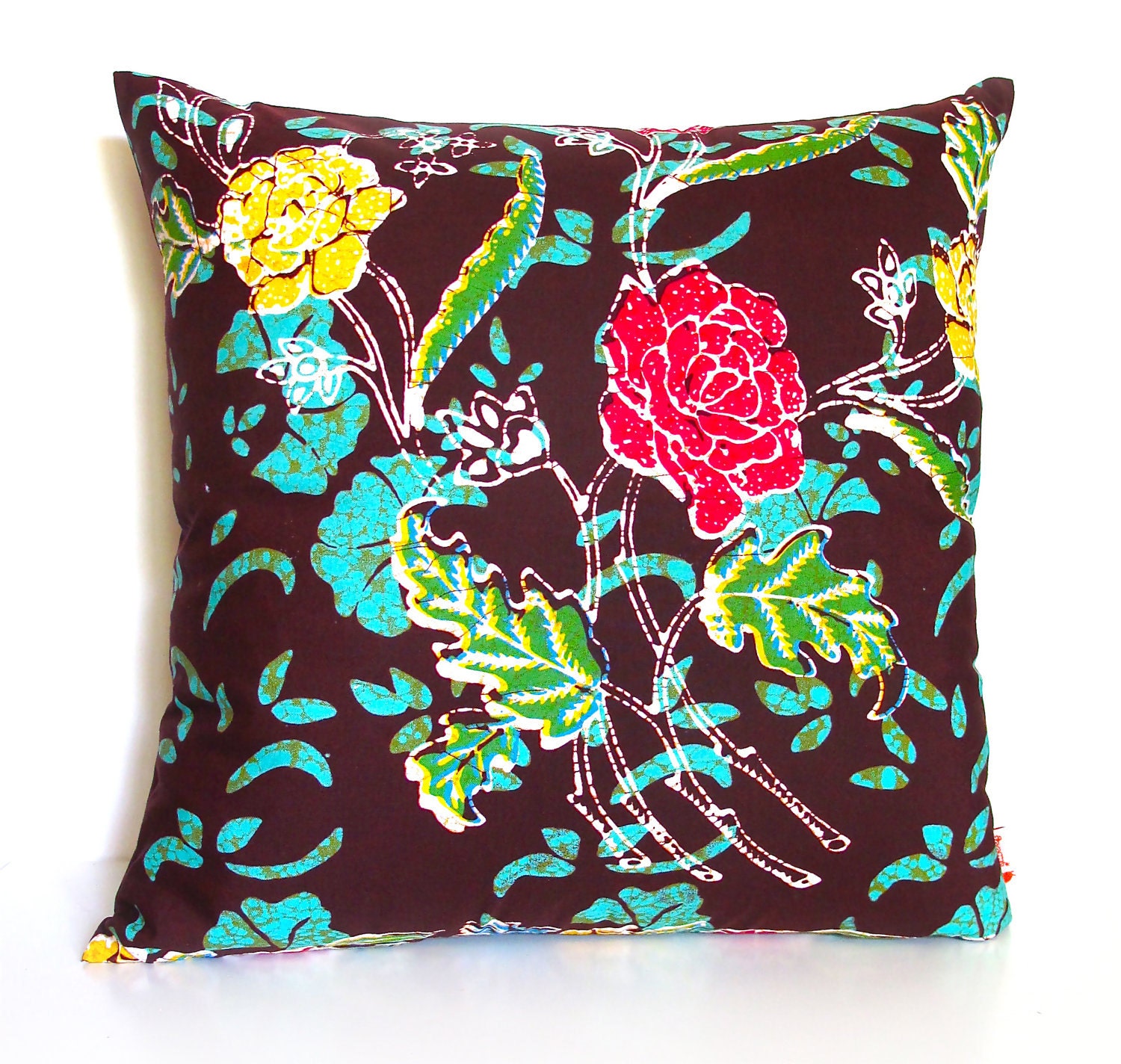 Brown and green Floral Batik Pattern 16 Inches Square Pillow