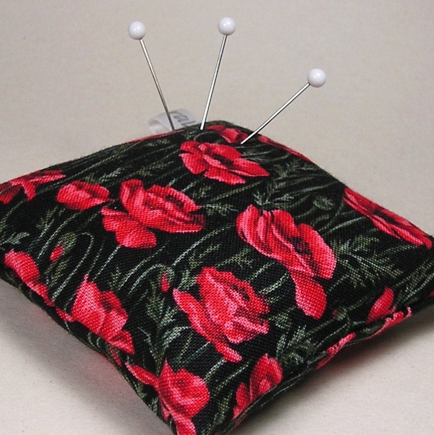 LAST ONE - Large Emery Pincushion / Pin Cushion - Black with Red Poppies