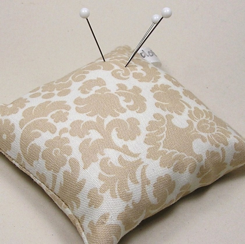 Large Emery Pincushion / Pin Cushion - Tan Ivory Damask Print
