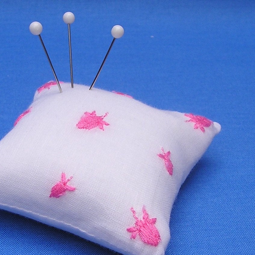 Emery Pincushion - Vintage Handkerchief - Hot Pink Rose Buds
