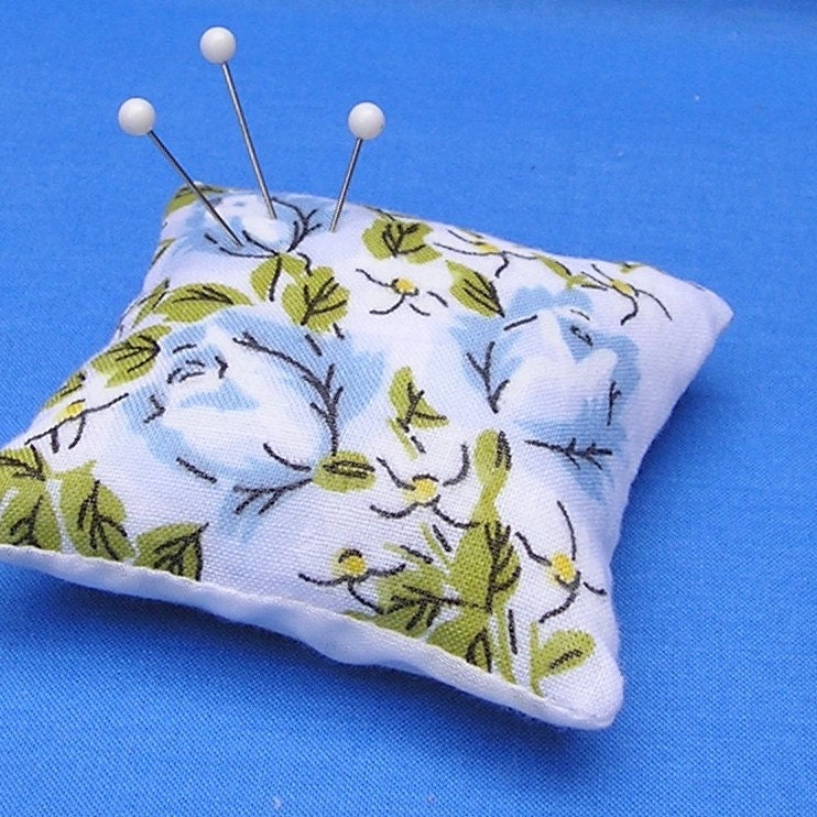 Emery Pincushion  / Pin Cushion - Vintage Handkerchief - Light Blue Roses