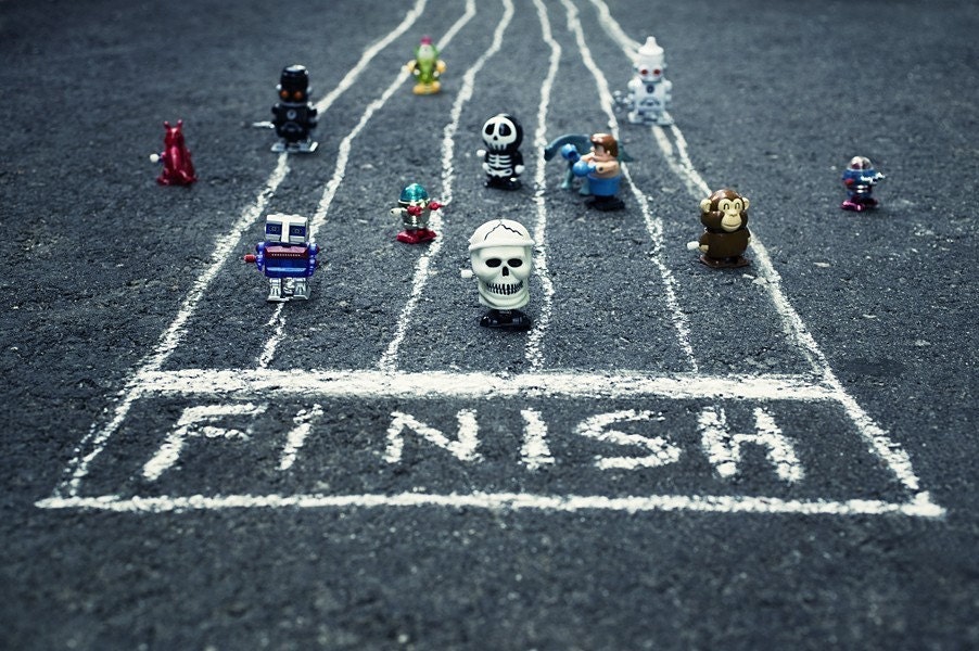The Wind Up Race - 8x10, vintage, wind-up, toys, toy photography, robot, skull, boxer, winning, win, headband, race, fine art