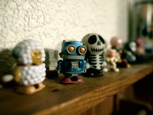 Vintage toy windup robot "I would call him WOODROW" toy photographic print, robot, vintage, wind-up, lamb, kids, children, skull, bathroom