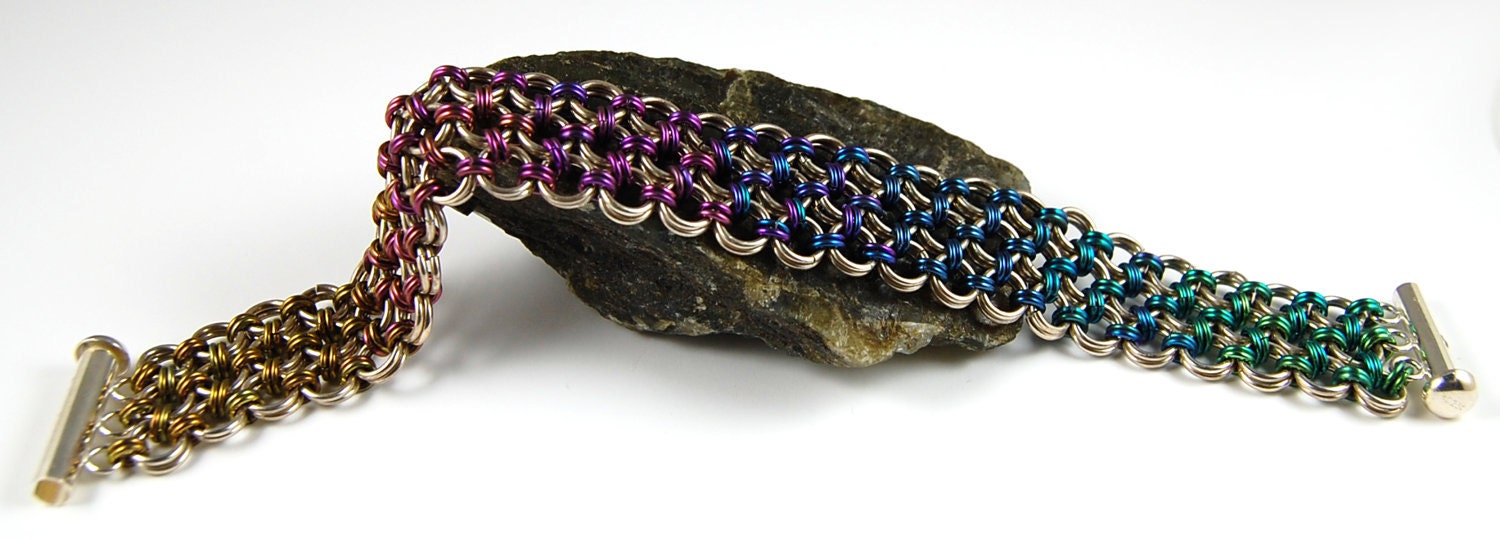 Chainmaille Bracelet - Rainbow Niobium and Sterling Silver