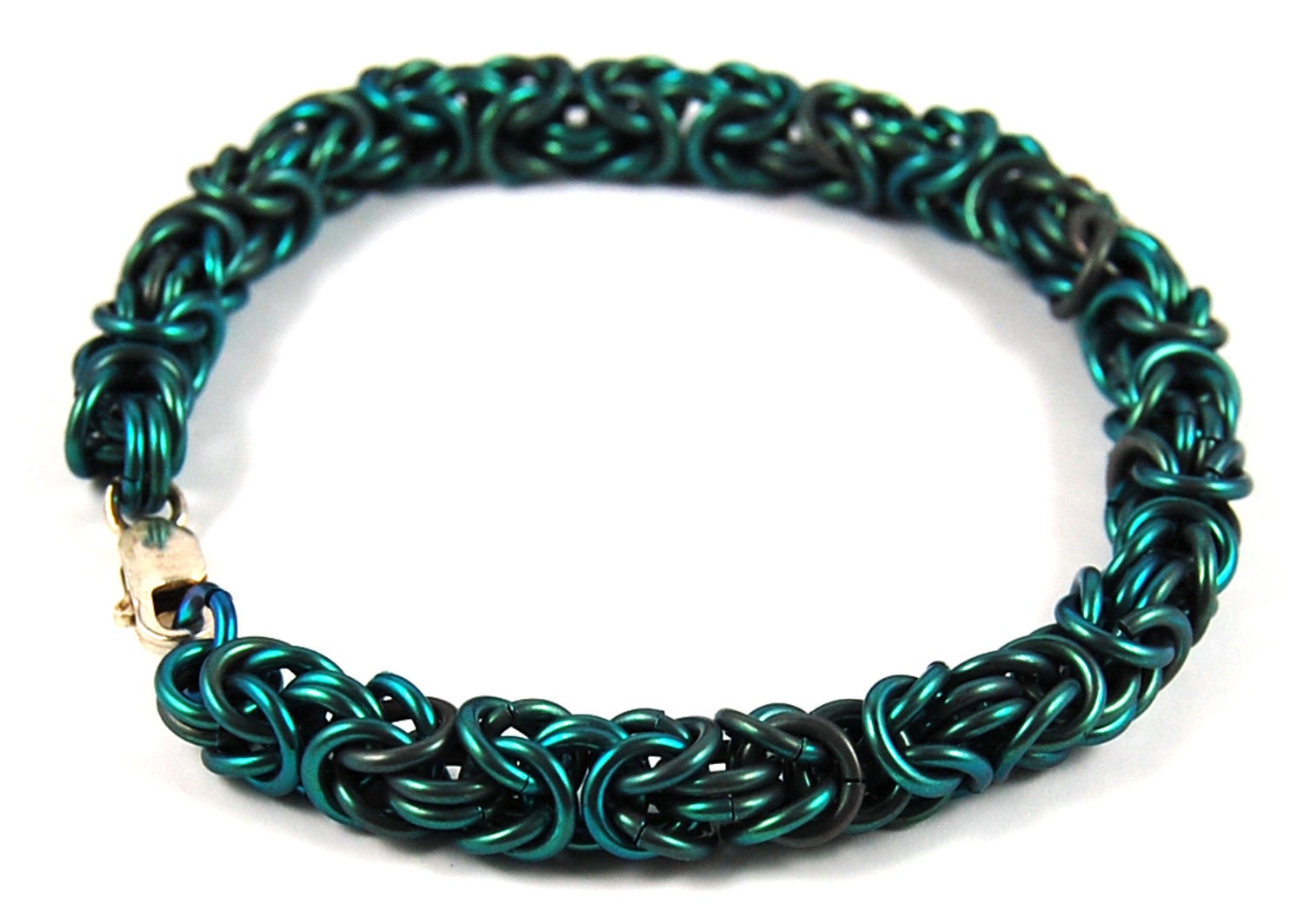 Byzantine Chainmaille Bracelet -  Teal Blue Green Niobium with Sterling Silver Clasp
