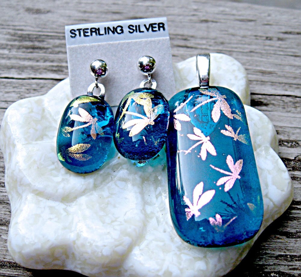 Fused Glass Dichroic Jewelry - Dragonflies In The Sky Pendant and Earrings Set
