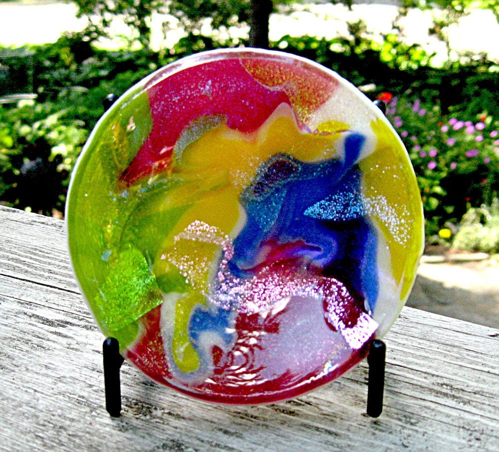 Fused Dichroic Glass Bowl - Fused Glass Small Trinket Bowl with Stand