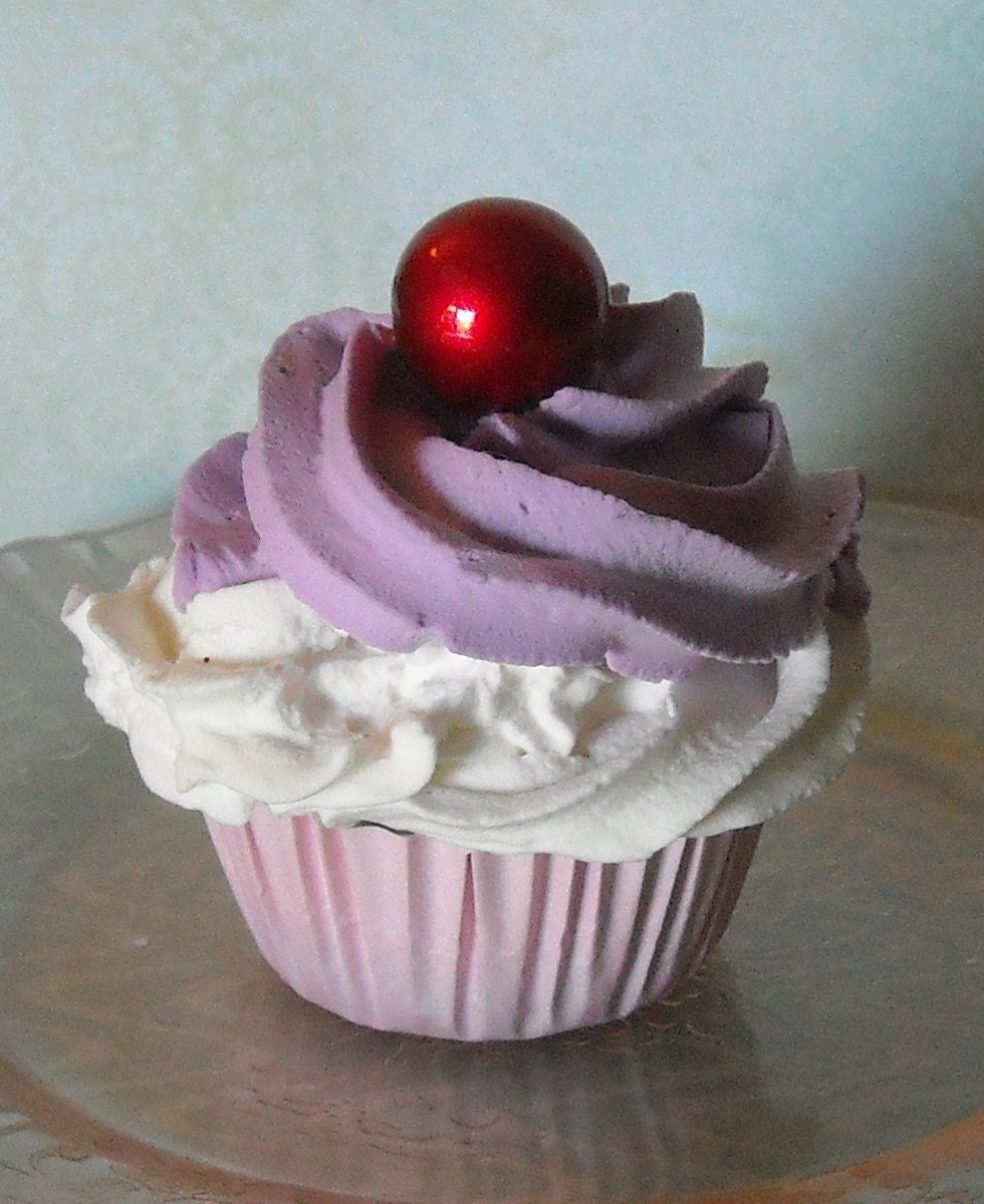 Faux Mini Cupcake for Display Purple and White with Cherry