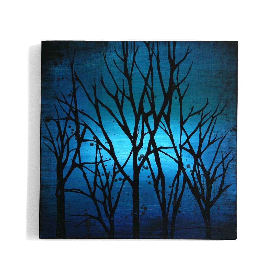 Teal Branch Trees Screenprint - Paint on Canvas- 16 x 16 x 1.5