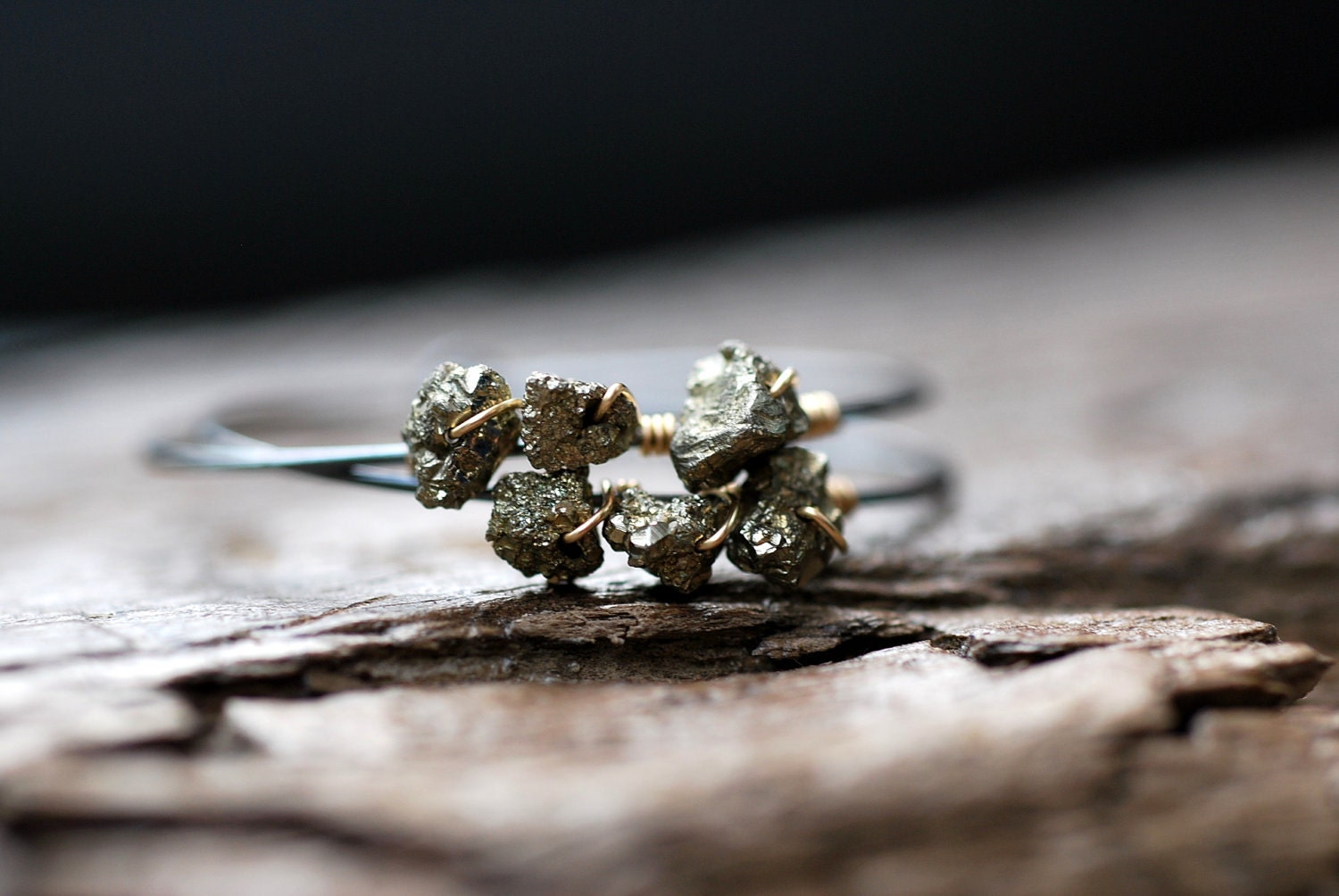 Pyrite Nugget Hoop Earrings . Sterling Silver Wire-Wrapped Organic Bronze Stone Jewelry Gift