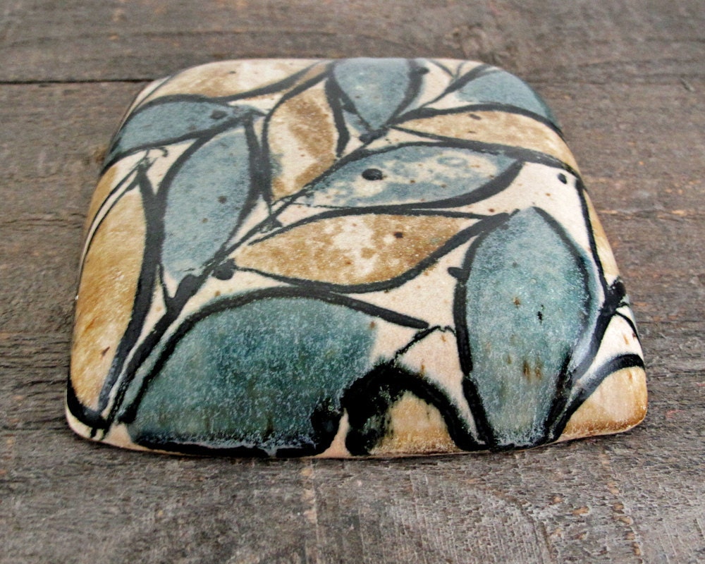 Alternate Leaves Wall Pillow - 3D Art Tile Plaque - Teal and Gold on Bone