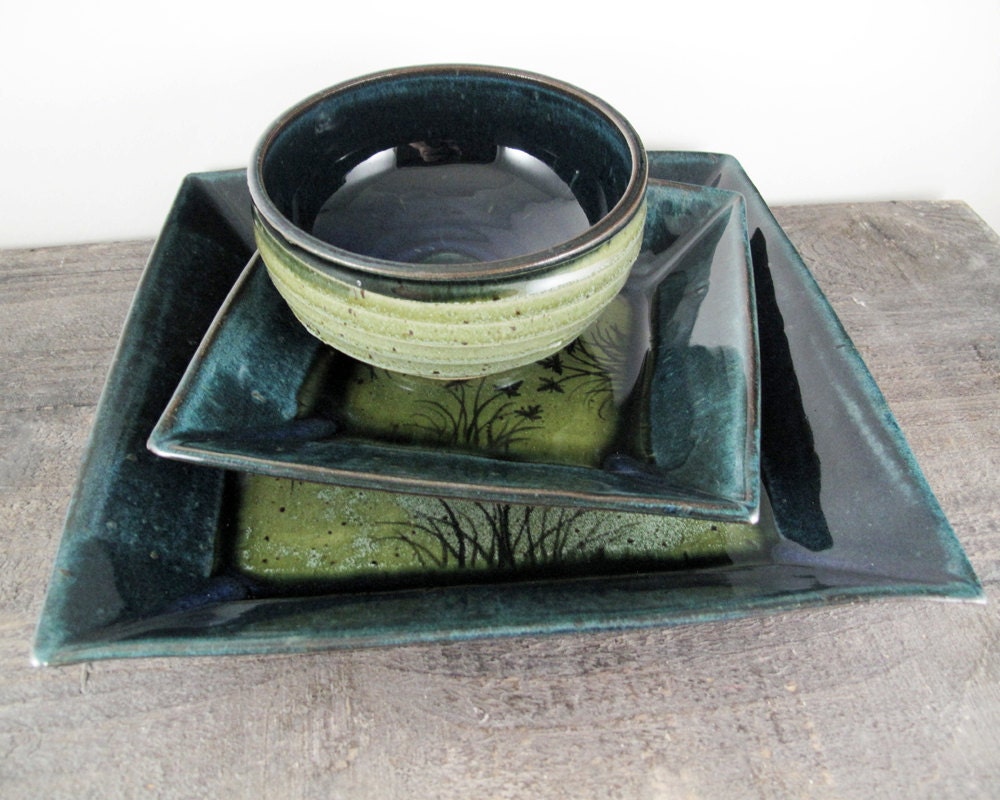 Meadow Dinnerware Place Setting - Square Dinner Plate, Salad Plate, and Bowl - Free Shipping in Contiguous US