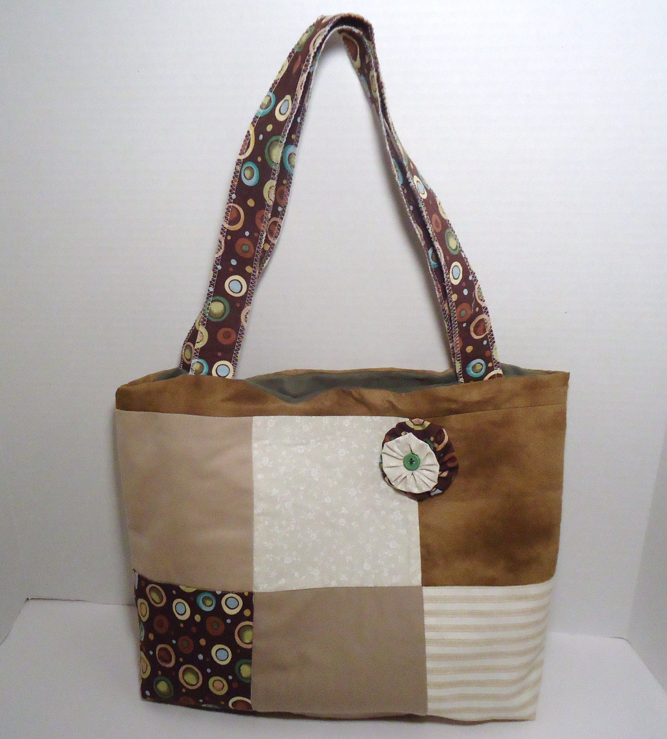 Patchwork Tote Market Bag Beige Brown Green Circles Stripes SALE