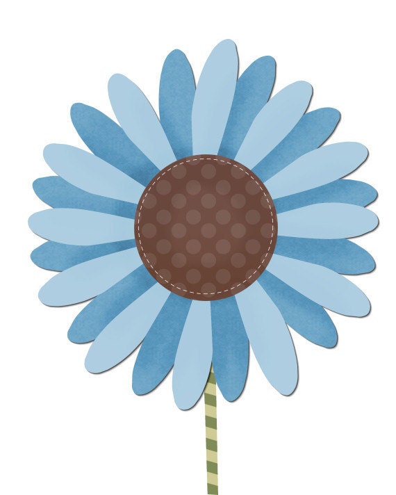 Whimsical Polka Dot Flower Print Baby Blue And Brown and Green Wall Art For Nursery - Little Girl's Room - Garden And Floral Themed Decor