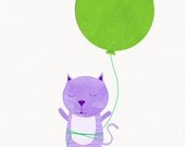 Kitty Cat With Balloon Art Print: Nursery Art, Kids Decor, Children's Art For Playrooms, Lavender Purple And Green With Color Options