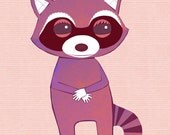 Raccoon Art - Cute Pink Girly Raccoon Print For Your Baby Girl's Nursery or Little Girl Room From My Whimsical Woods Woodland Animal Series