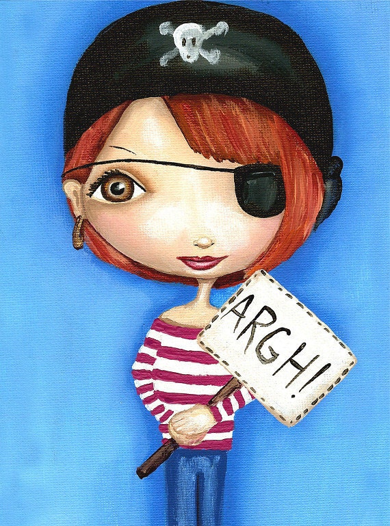 Garnet The Outspoken Pirate Print - Cute Redheaded Girl Pirate With Big Eyes Blue And Red Wall Art