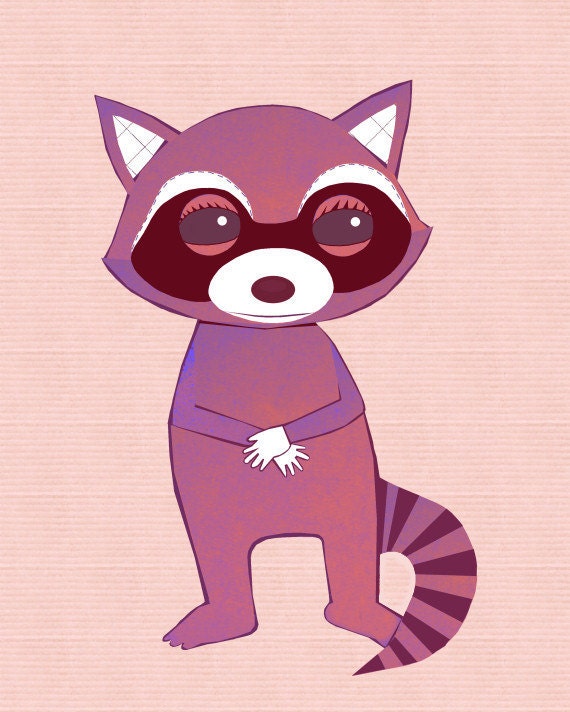 Raccoon Art - Cute Pink Girly Raccoon Print For Your Baby Girl's Nursery or Little Girl Room From My Whimsical Woods Woodland Animal Series