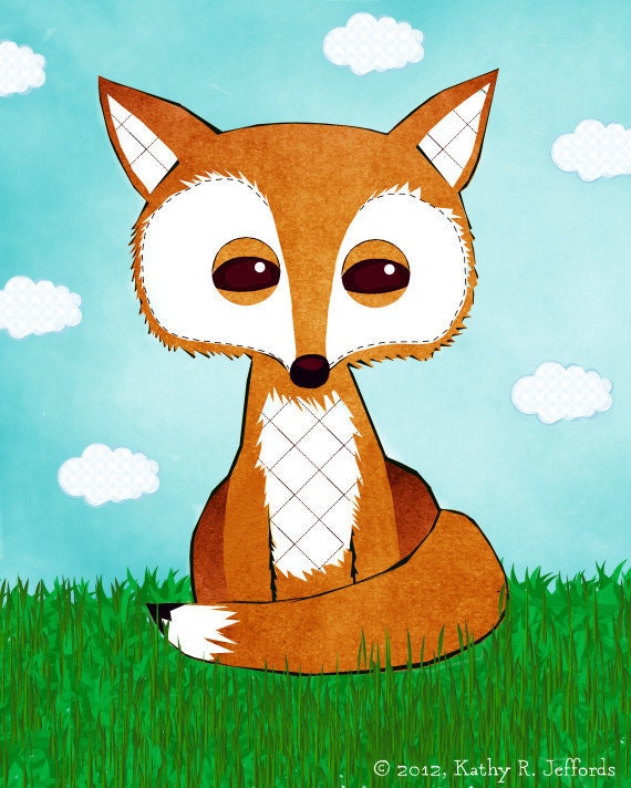 Fox Art - Cute Fox Print, Children's Art, Kids Wall Art, Baby Decor, Woodland Nursery Art, Blue And Green With Orange Fox,  Little Boy Room