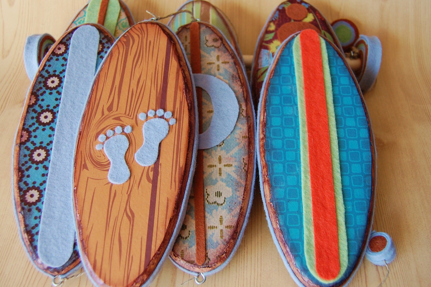 Hanging Wood and Felt Surfboard Mobile made from Reclaimed Wood