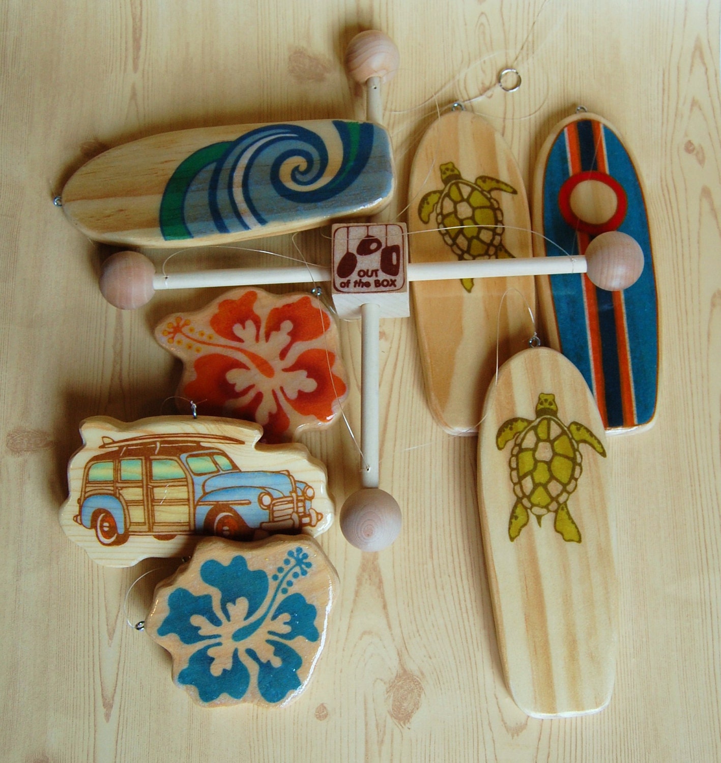 Baby Crib Mobile - Baby Mobile - Surf or Beach Baby Nursery - Woody Car and Surf Boards (Bright Beach Colors)