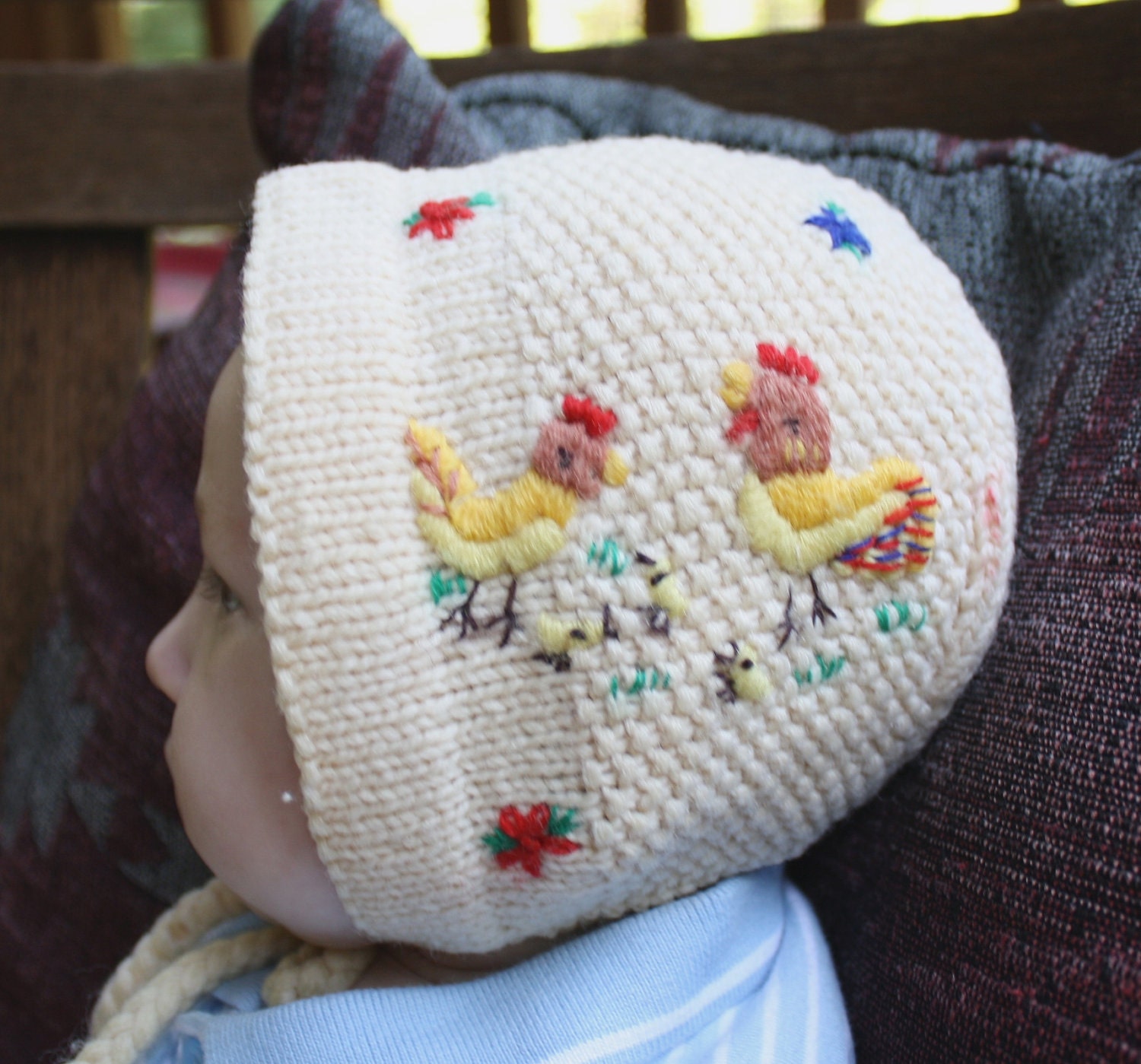 Here Chick Chick Adorable Vintage Hand Made Wool Knit Hat Baby Bonnet Hand Embroidered Chickens Hen Rooster Hat