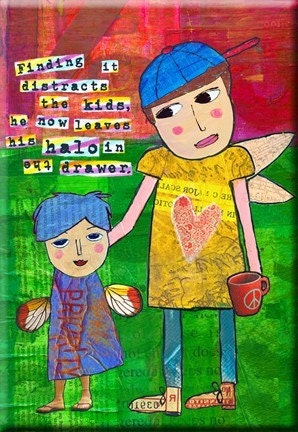 FOLK ART MAGNET. Finding It Distracts the Kids, He Now Leaves His Halo in the Drawer. . . for Moms of kids who have exceptional therapists and doctors.