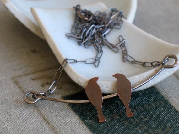 love birds necklace- hand cut silhouettes- copper and sterling silver