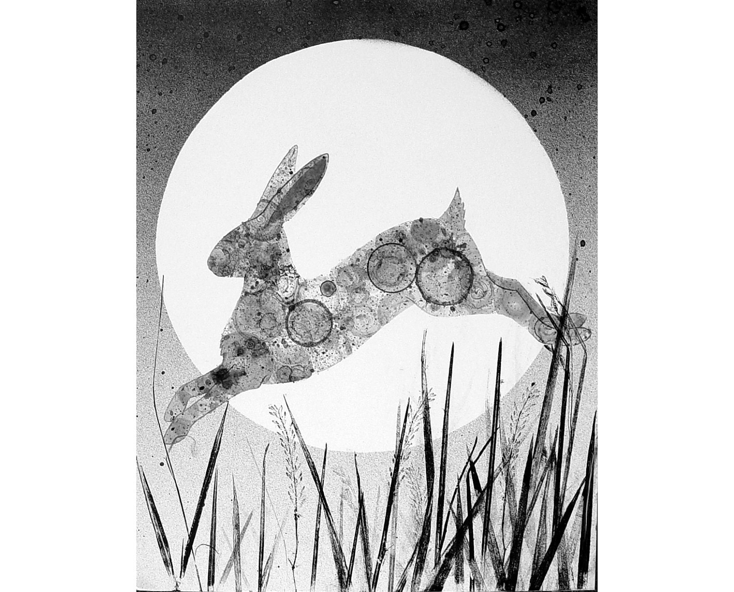 Hare and Moon 8X10(ink bubble drawing print) bunny rabbit bubble art
