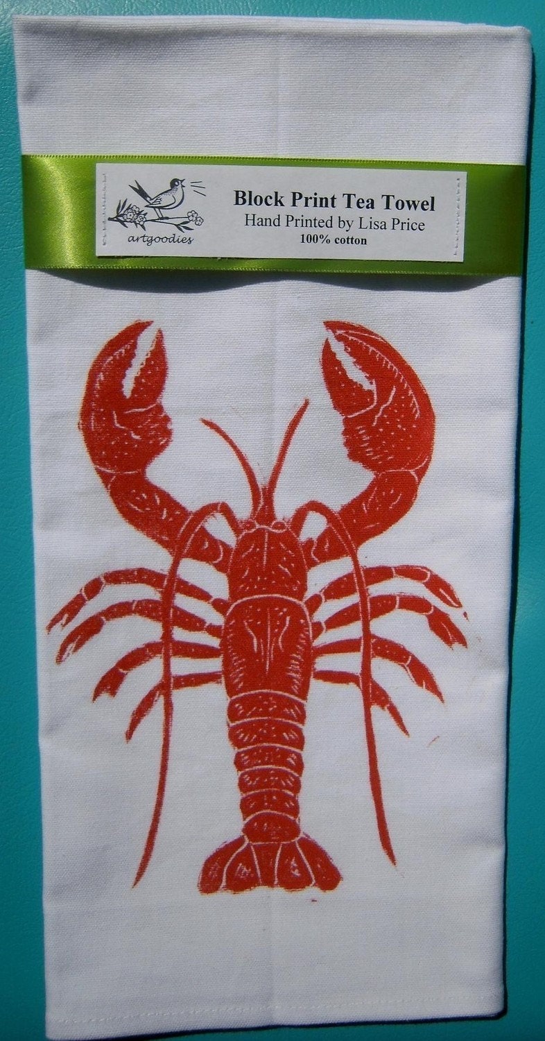 SALE lobster block print tea towel