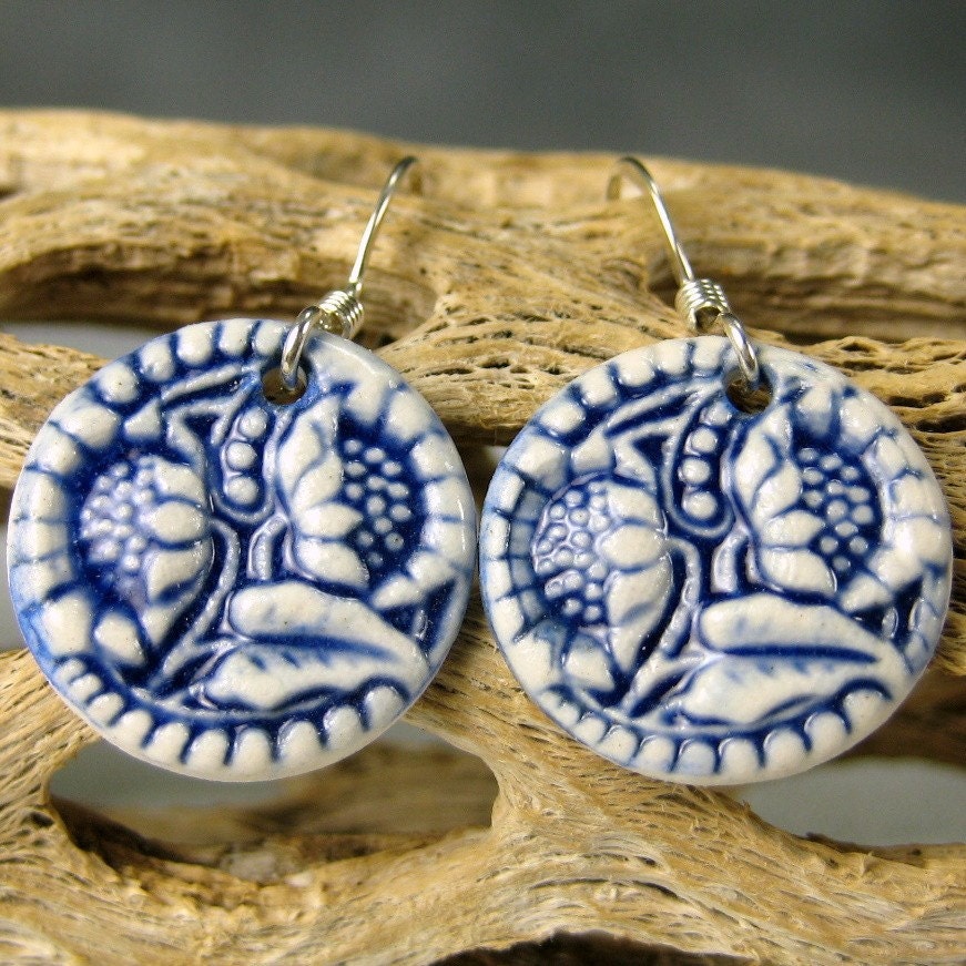 Navy Blue Porcelain Sunflower Earrings With Sterling Silver Earwires