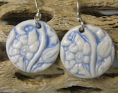 French Blue Porcelain Art Nouveau Flower Earrings With Sterling Silver Earwires