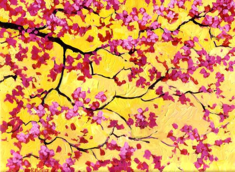 Pink Blossoms on Yellow- Abstract, Huge Contemporary Acrylic on a Extra Large Canvas Commissioned Painting by Patty Baker