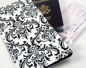 Travel Passport Wallet Travel Organizer- Black and White Damask
