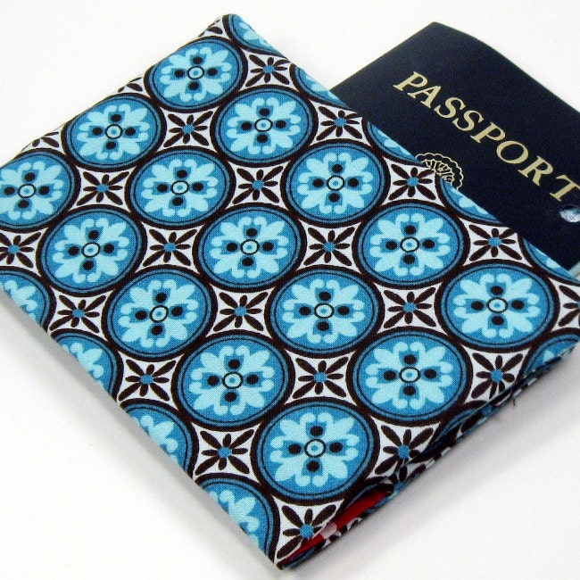 Passport Cover - Aqua Blue Mosaic with Red Polka Dot