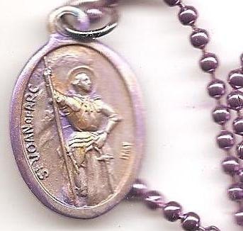 Tough Broads, St. Joan of Arc Patron Saint Necklace on Purple Colored Ball Chain