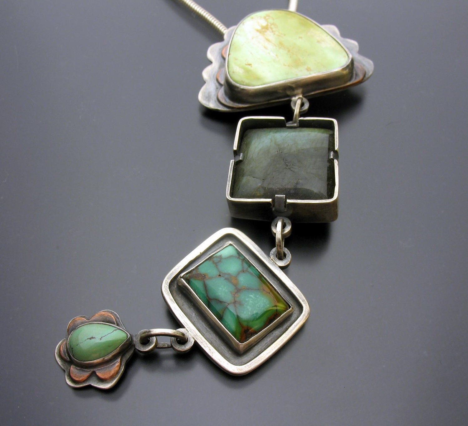 Sun Moon and Stars Pendant in Sterling Silver and Copper with Turquoise and Labradorite